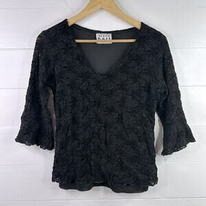 KEREN HART Black Flor Lace V Neck 3/4 Bell Sleeves Shirt Blouse Top Size Small